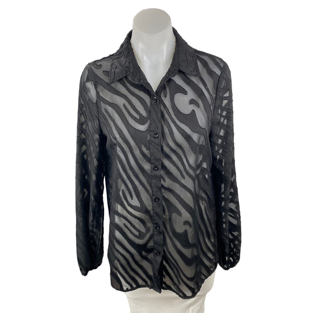 Boohoo Women's Black Mesh Abstract Sheer Long Sleeve Button Down Shirt Top Sz 6